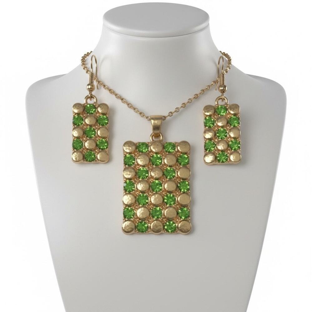 Green Rhinestone Gold Tone Necklace & Earrings Set Statement Jewelry Gift